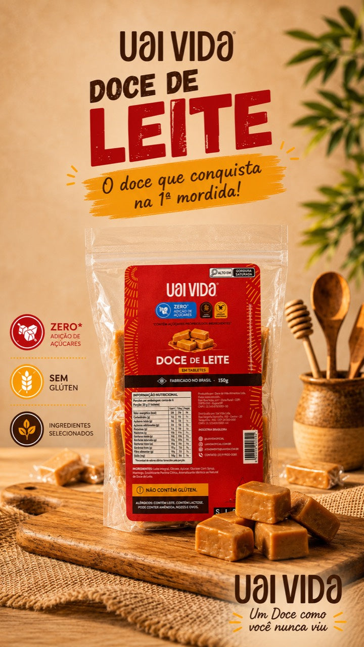 Uai Vida Doce de Leite em tabletes — embalagem 150g sobre tábua de madeira, zero adição de açúcares e sem glúten
