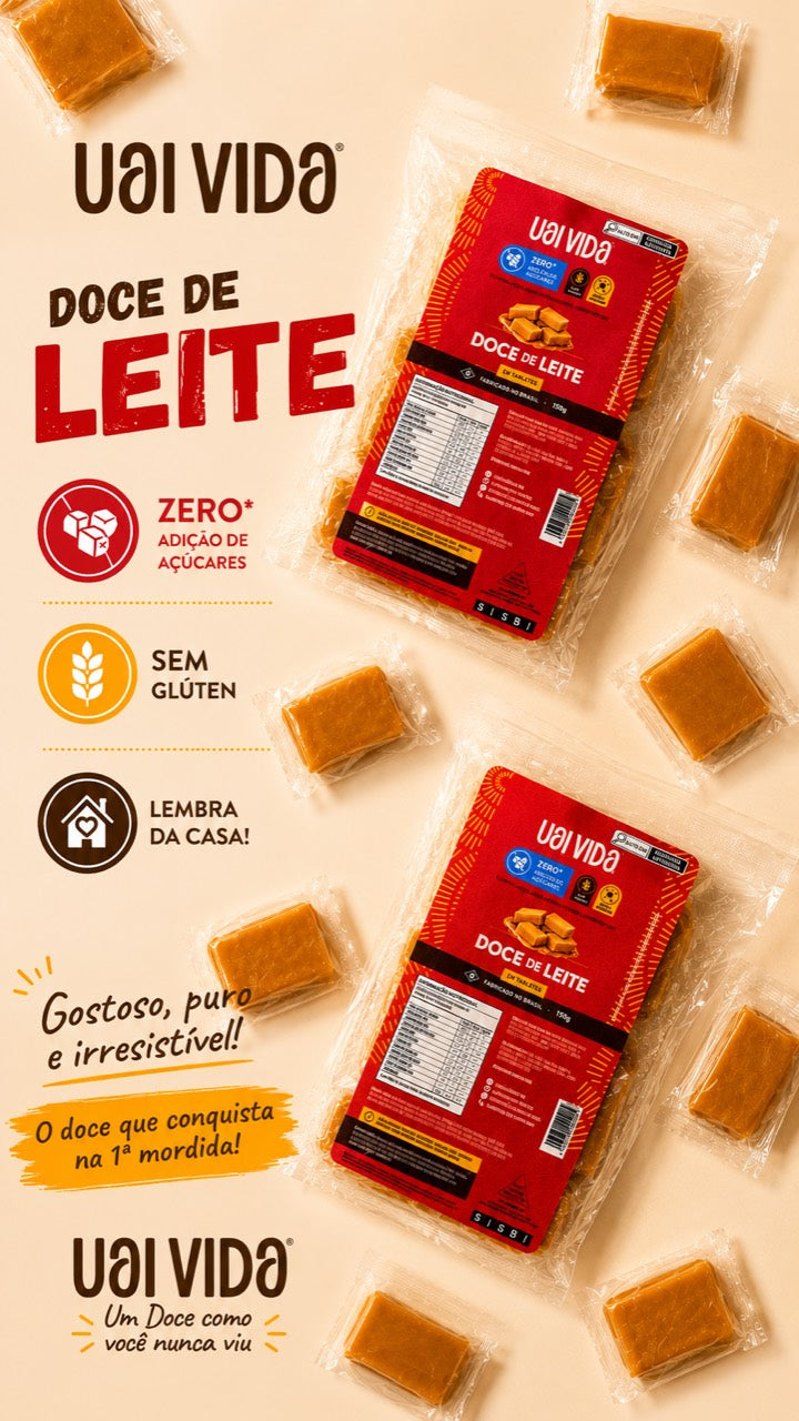 Uai Vida Doce de Leite — dois pacotes de tabletes em flatlay com cubos, zero açúcar e sem glúten