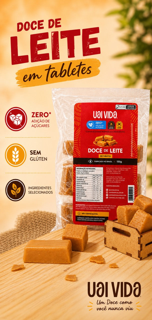 Uai Vida Doce de Leite em tabletes — embalagem 150g com cubos e caixote de madeira, ingredientes selecionados